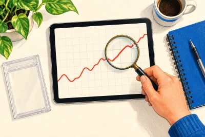 Illustrated tablet with an unlabelled abstract graph, a magnifier and an empty holder.