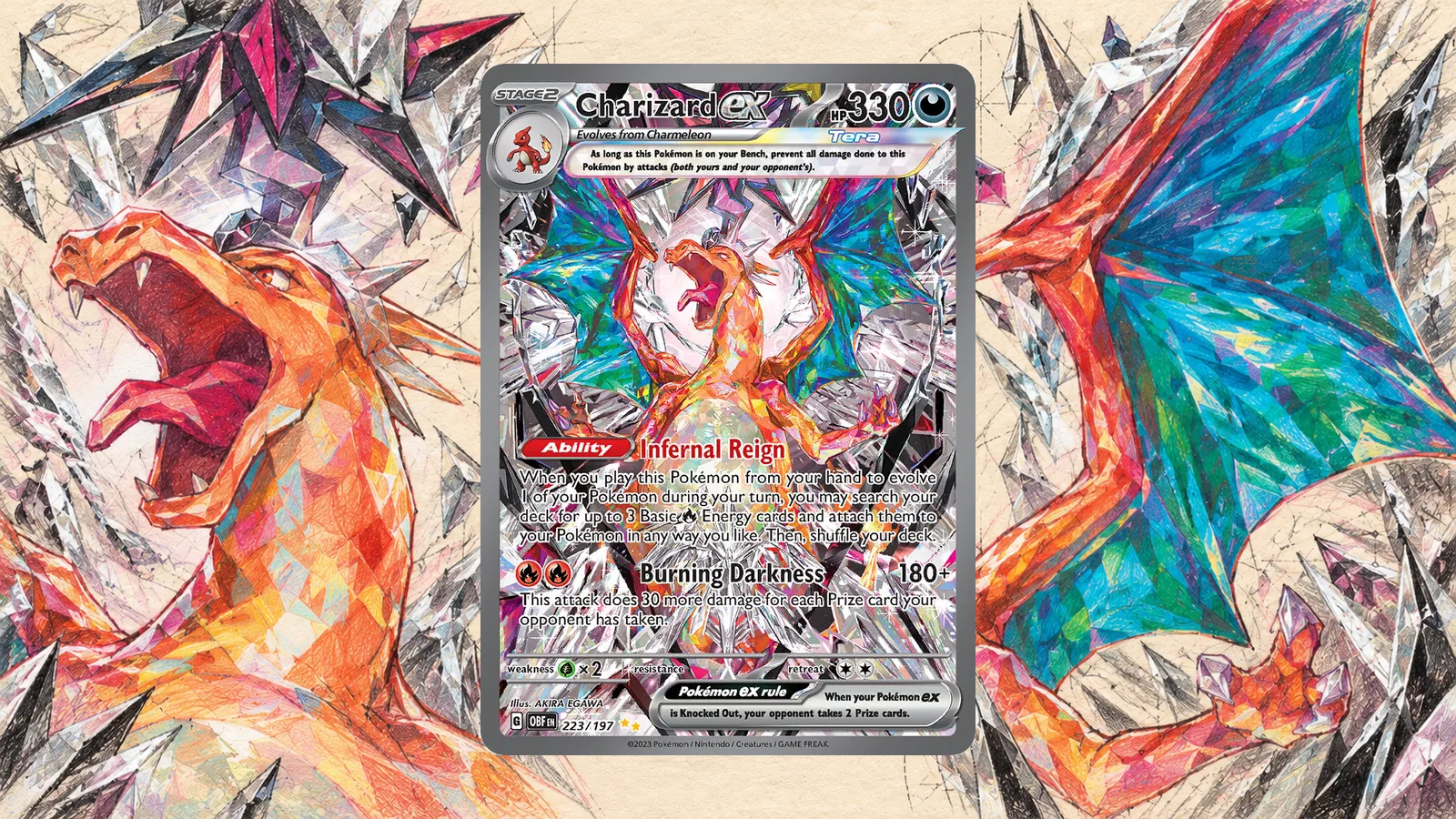 Authentic English Charizard ex 223/197 Obsidian Flames, one example discussed in this article, with related colored-pencil studies. Illustrative reference, not a condition or grading assessment.
