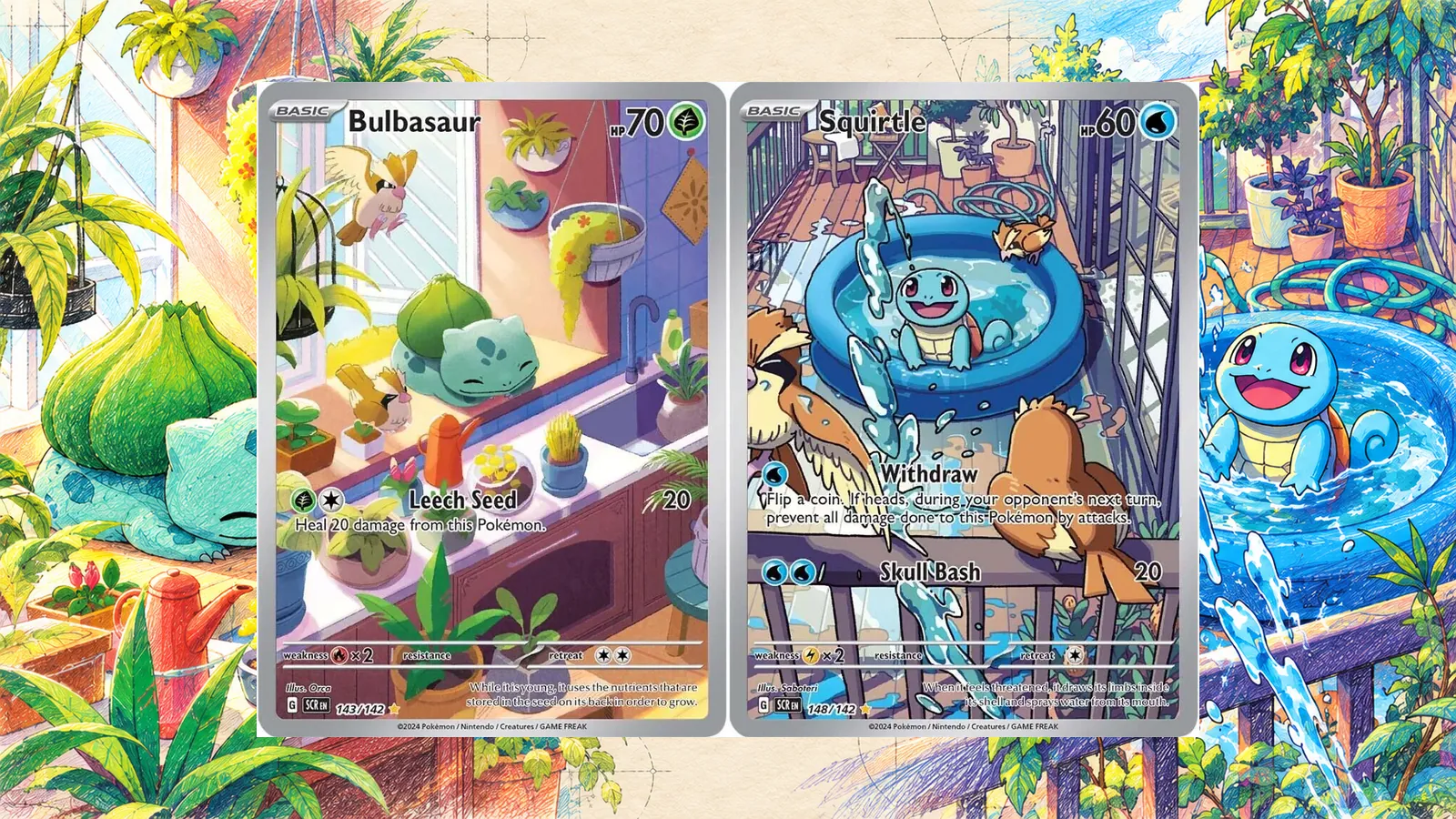Authentic English Stellar Crown Bulbasaur 143/142 and Squirtle 148/142 cards with related colored-pencil indoor plants and paddling-pool studies.
